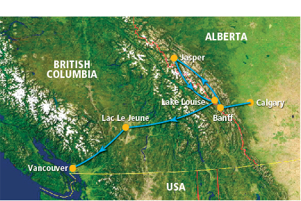 Mapa de la ruta De las Rocosas a Vancouver — Estilo Canadiense