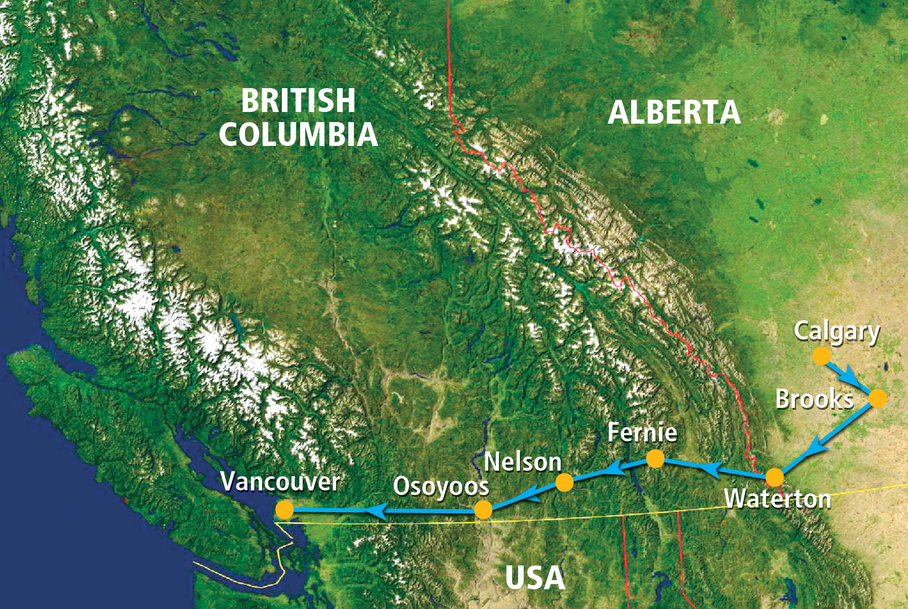 Mapa de la ruta De las Praderas al Pacífico