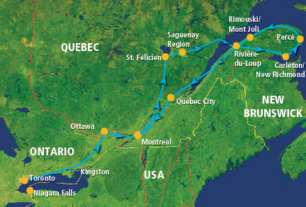 Mapa de la ruta Una Verdadera Experiencia Marítima: Toronto, Ottawa, Montreal, Saguenay, Gaspésie, Percé y Quebec City