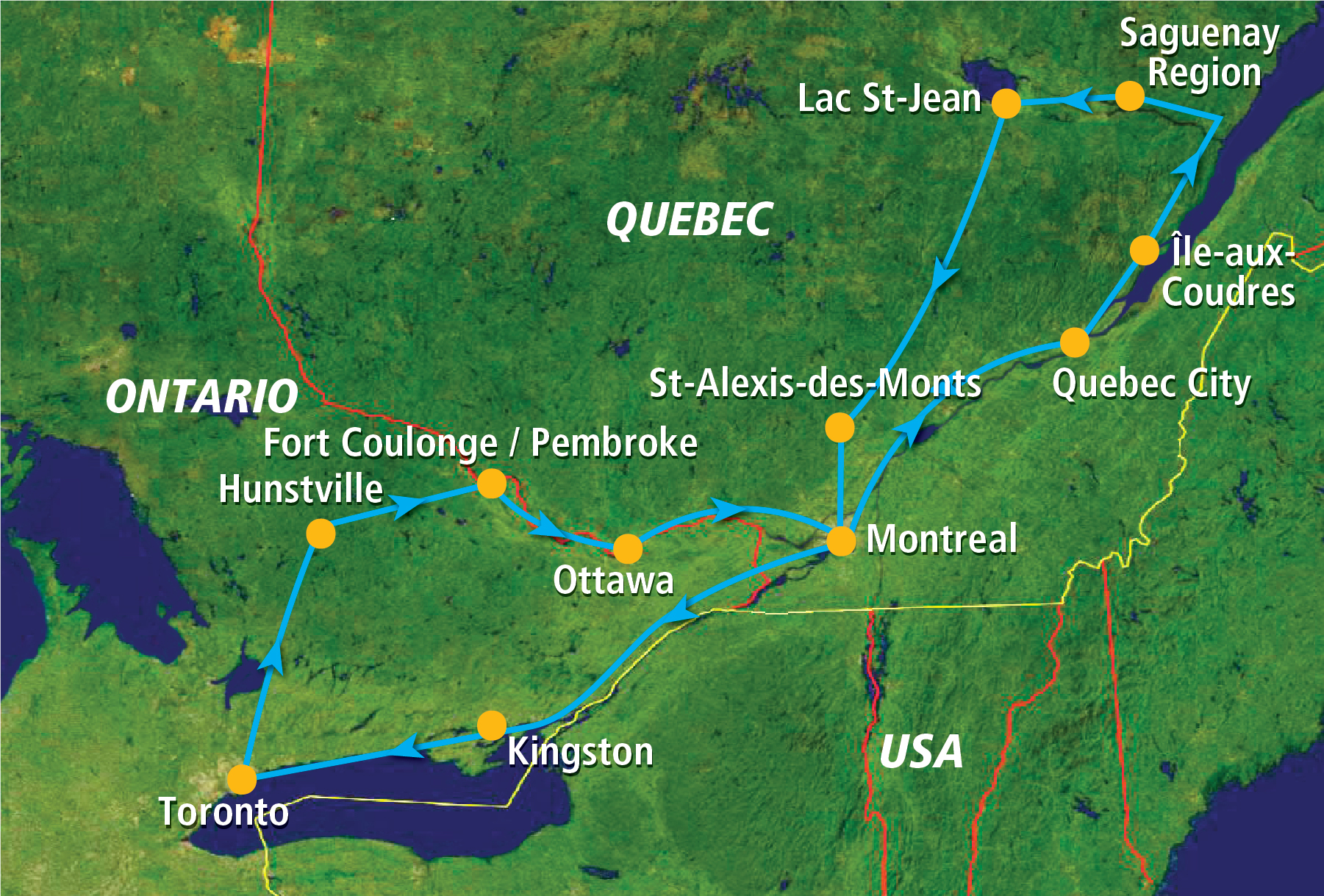 Mapa ruta Senderos de los Exploradores: Toronto, Algonquin, Ottawa, Montreal, Quebec City, Tadoussac, Saguenay, La Mauricie