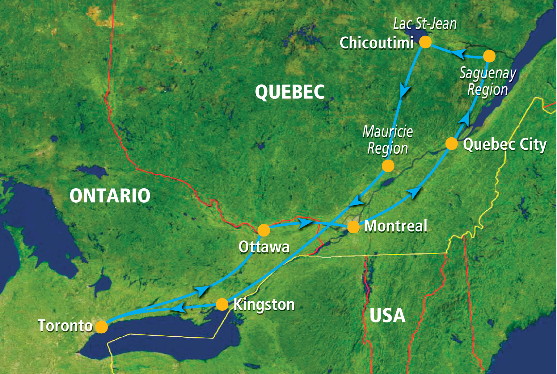 Mapa de la ruta Canadá Bajo y Alto: Toronto, Ottawa, Montreal, Quebec City, Tadoussac, Saguenay, La Mauricie