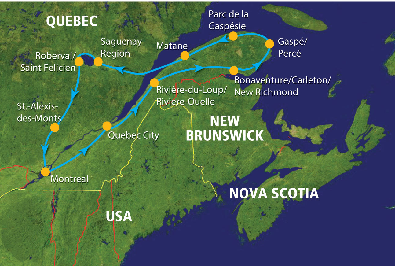 Mapa ruta Naturaleza Espléndida de Quebec: Montreal, Quebec City, Charlevoix, Tadoussac, Saguenay, Gaspésie