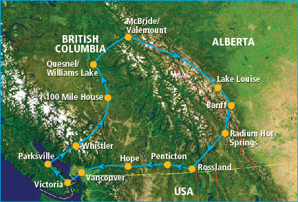 Mapa ruta Espíritu del Oeste: Vancouver, Penticton, Revelstoke, Banff, Jasper, Prince George, Smithers, Prince Rupert, Inside Passage, Port Hardy, Campbell River, Victoria, Vancouver
